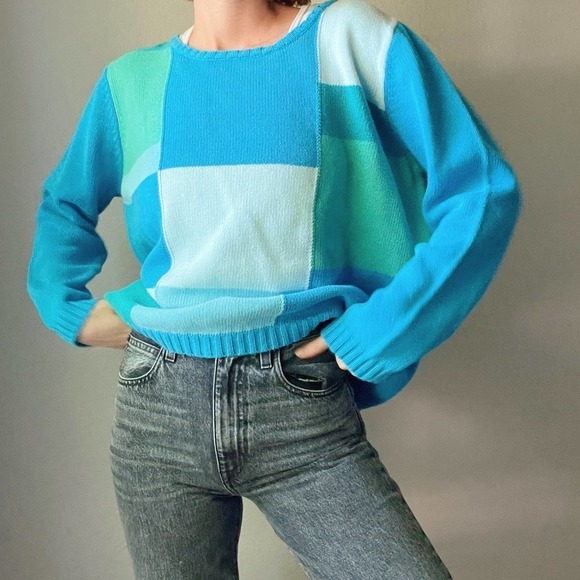 Vintage Blue Turquoise Color Block Knit Crewneck Sweater - Picture 3 of 7